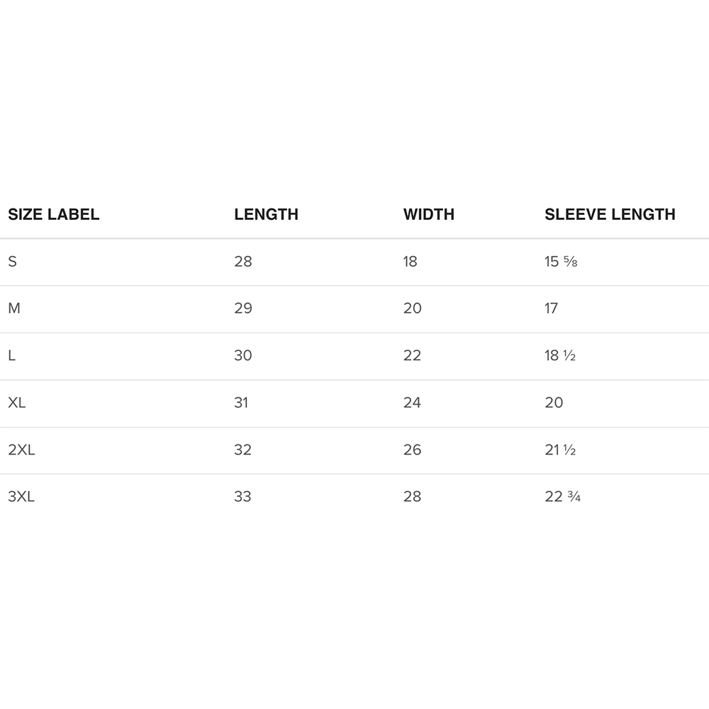 Rap Reap T-Shirt Size Chart